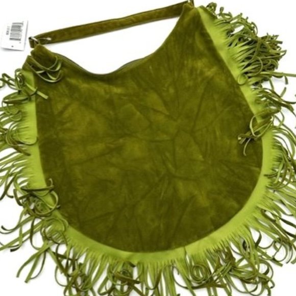Murval Green Suede Handbag with Fringe and White Accents - Picture 2 of 6